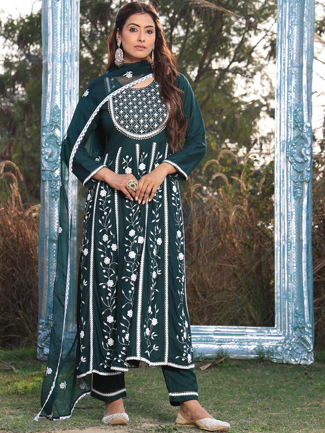 armaan ethnic women embroidered round neck mirror work kurta with trousers & dupatta