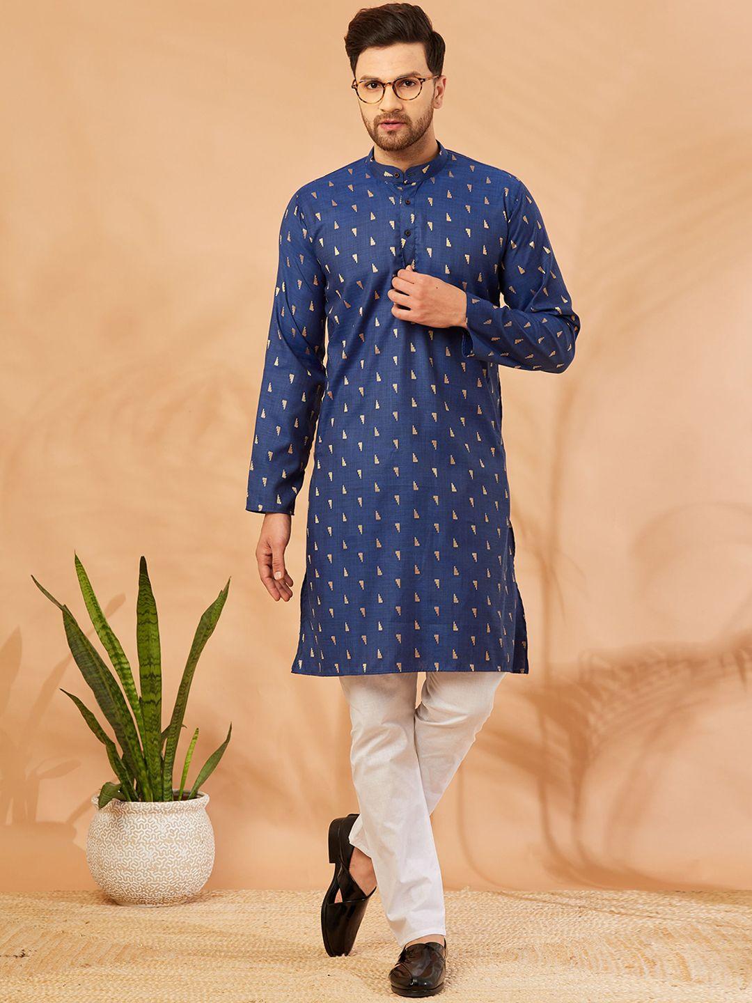 armaan ethnic woven design mandarin collar pure cotton straight kurta with pyjamas