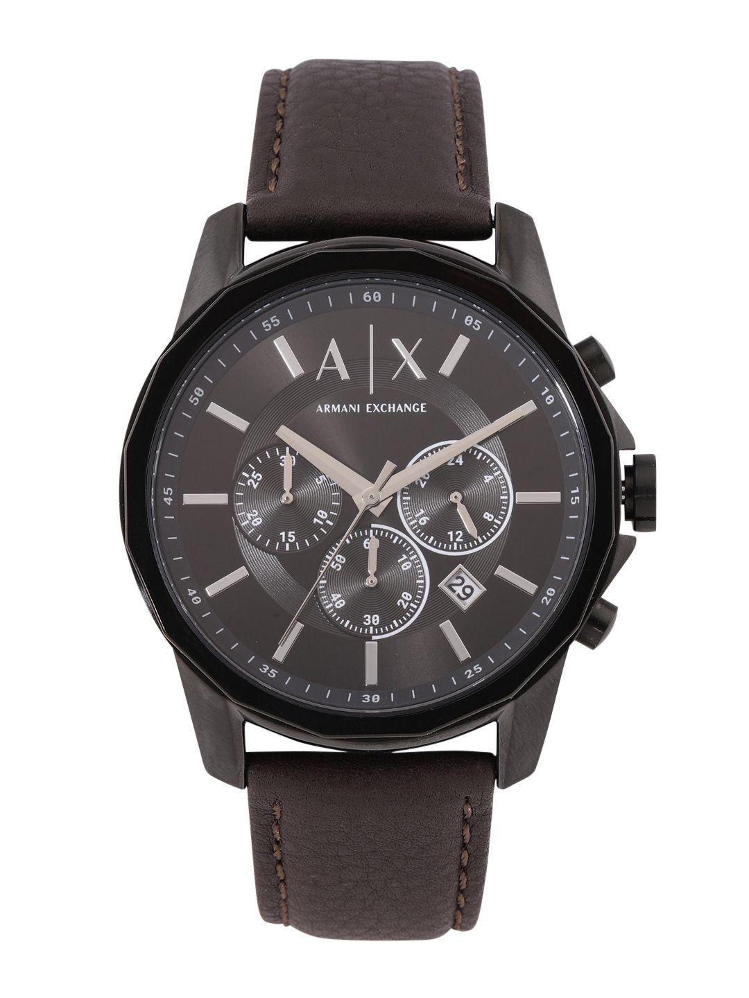 armani exchange men black dial & brown leather straps analogue watch ax1732