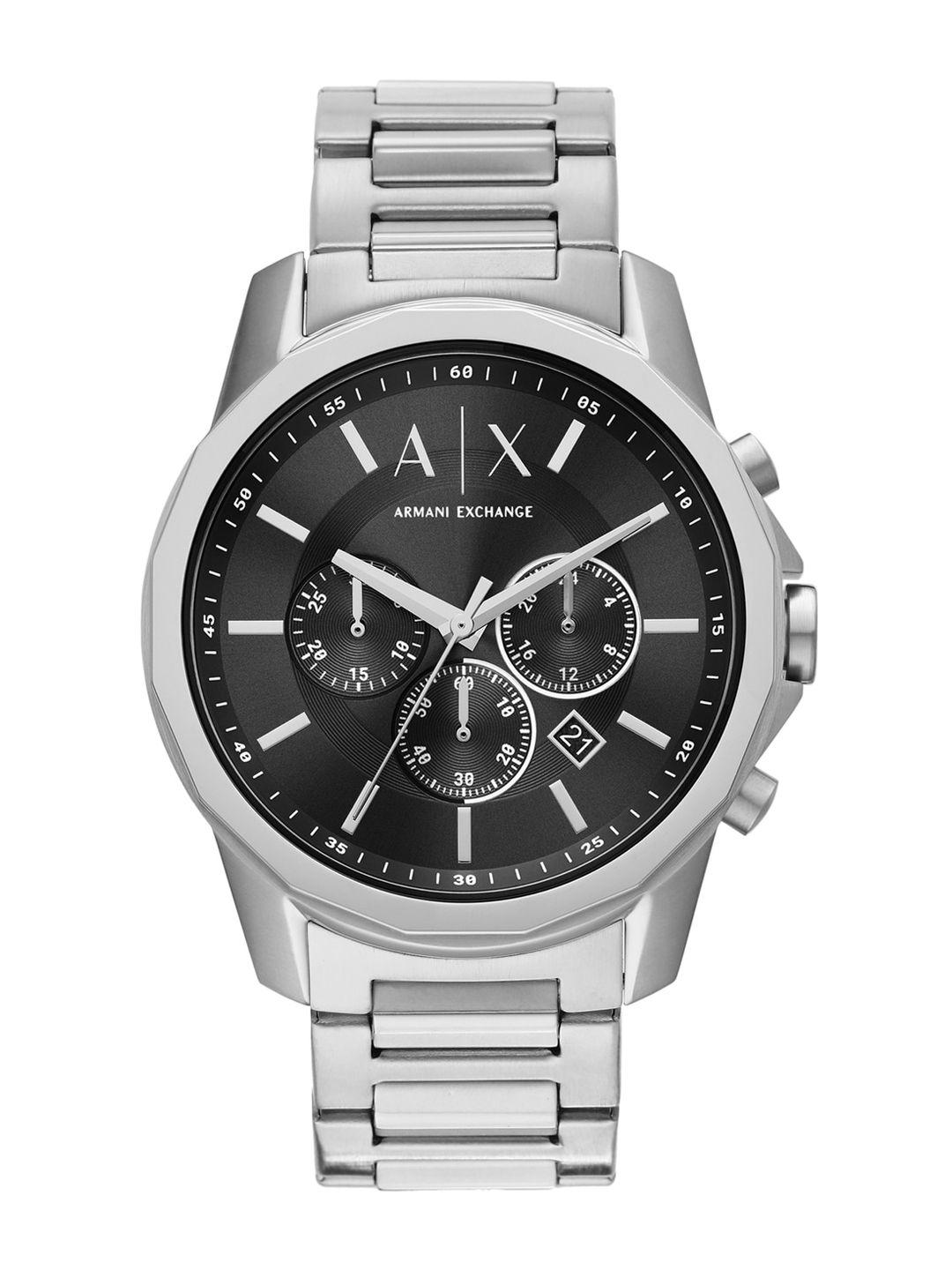 armani exchange men black dial & silver toned stainless steel bracelet style straps analogue watch