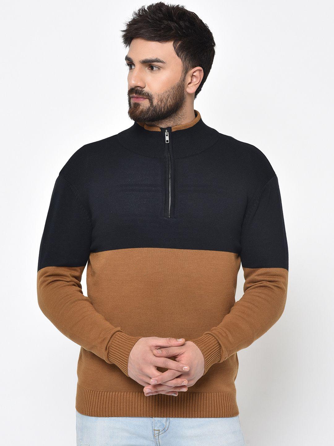 armisto men black & mustard brown colourblocked half zipper sweater