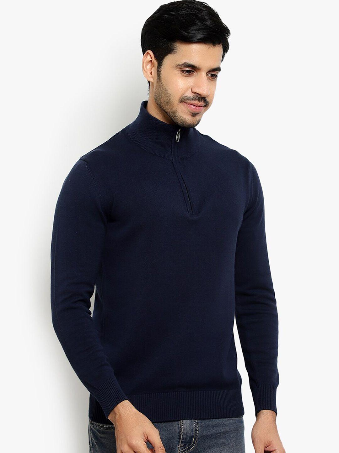 armisto men navy blue solid front-open sweater