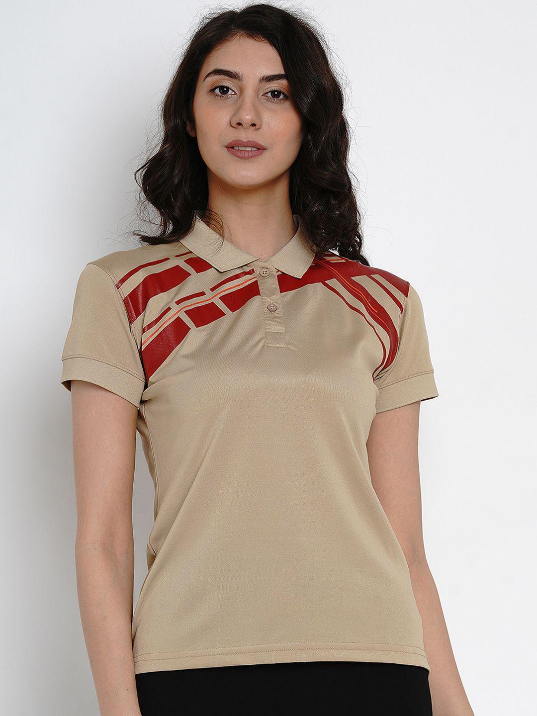 armisto women beige striped polo collar dri-fit t-shirt
