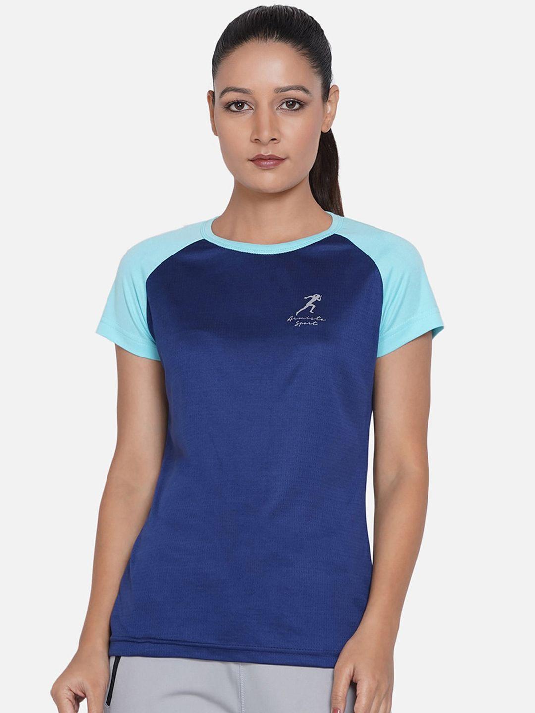 armisto women blue & turquoise blue colourblocked dri-fit slim fit training or gym t-shirt