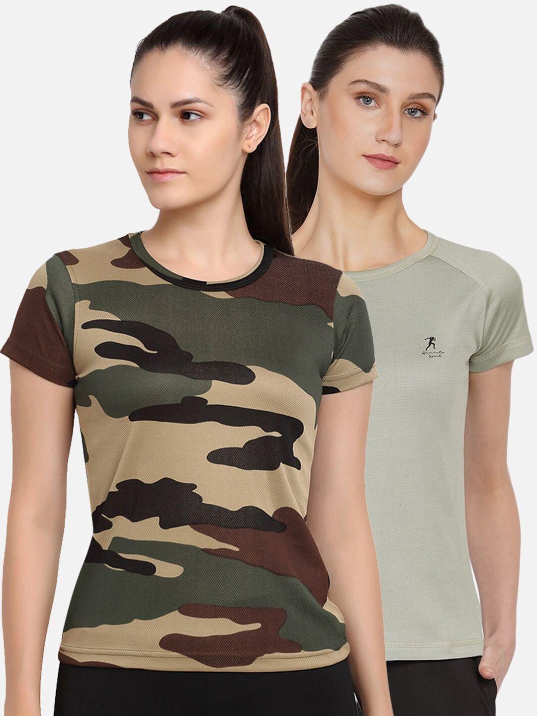 armisto women olive green camouflage printed dri-fit training or gym t-shirt set of 2