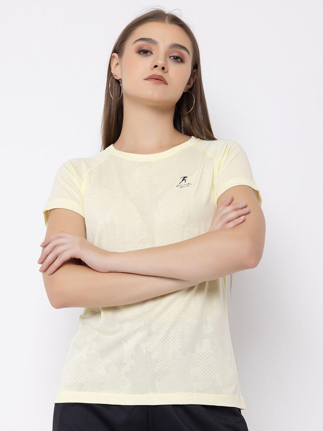 armisto women yellow v-neck dri-fit applique t-shirt