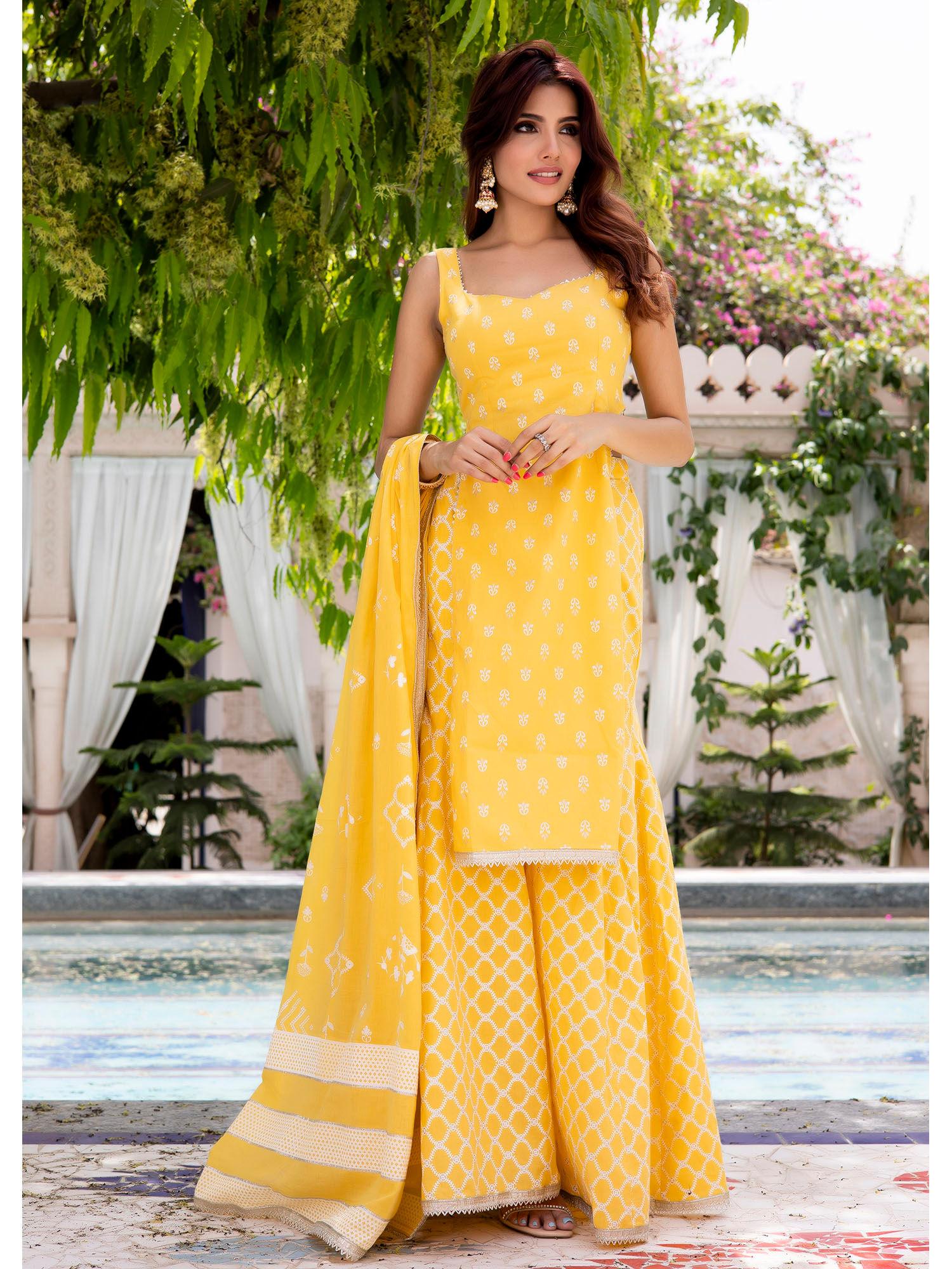 arohi yellow printed sharara with kurta (set of 3)