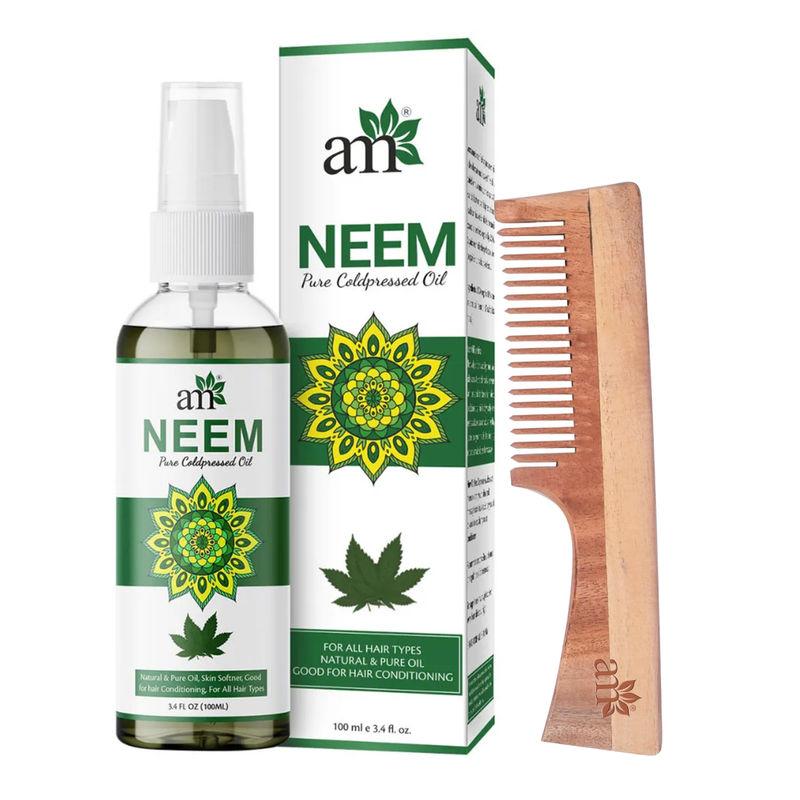 aromamusk cold pressed neem oil & neem wood comb with handle