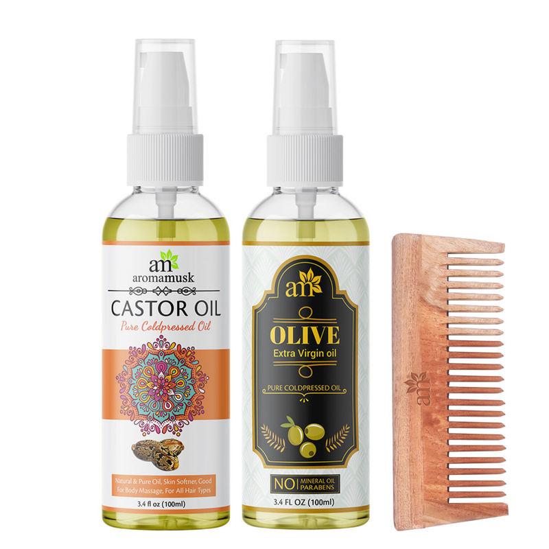 aromamusk organic 100% pure cold pressed castor & olive oil with wide tooth neem wood comb