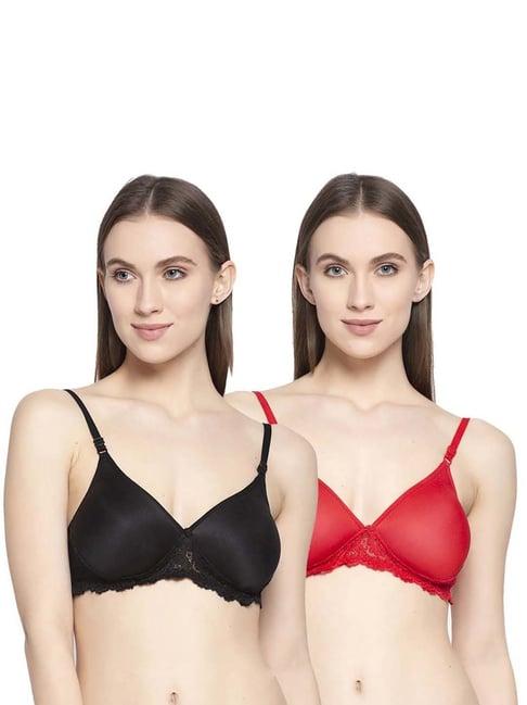 arousy black & red cotton lace work t-shirt bras - pack of 2