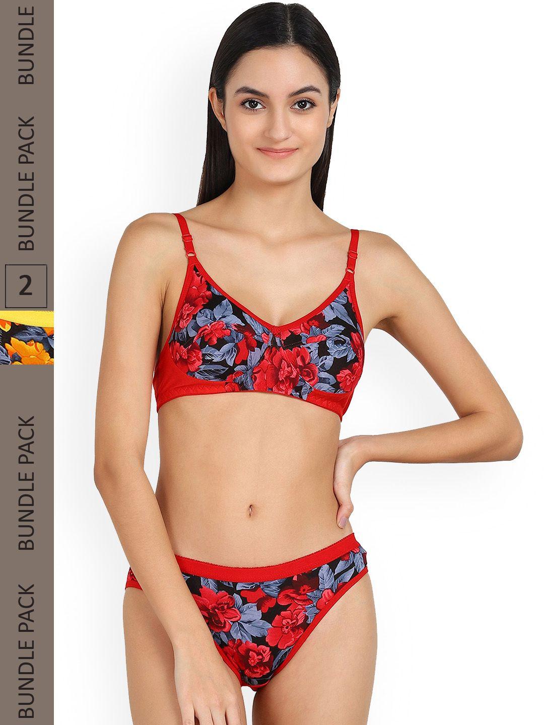 arousy pack of 2 floral printed non padded non wired mid rise cotton lingerie set