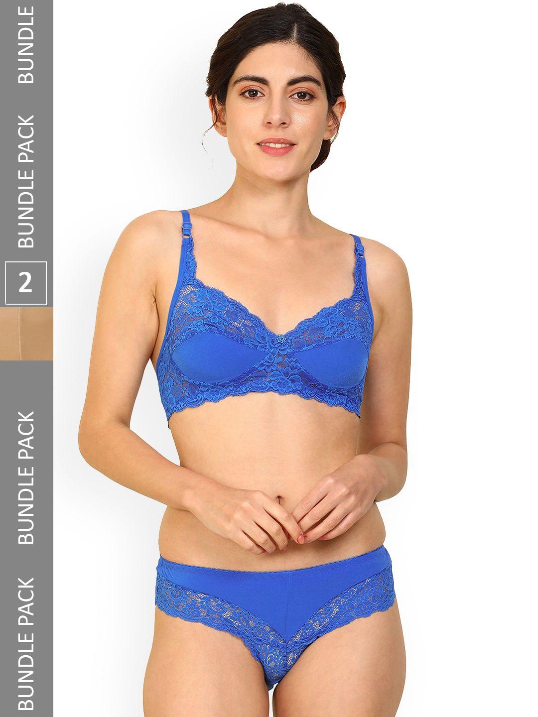 arousy pack of 2 lace self-design non-padded cotton lingerie set