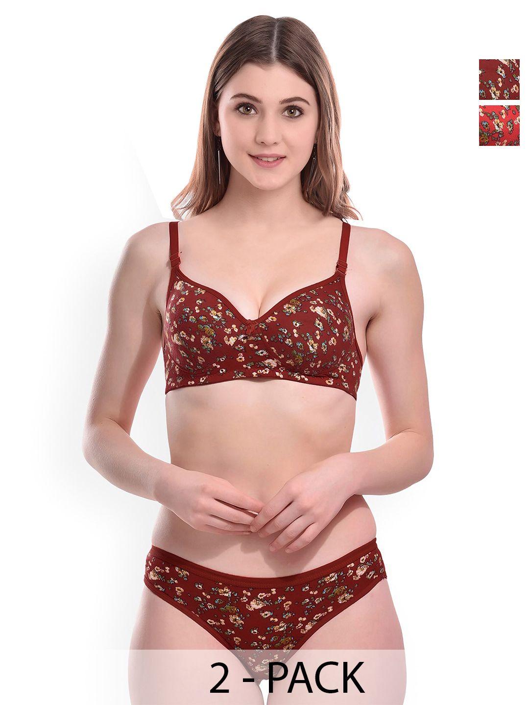 arousy pack of 2 printed cotton brief lingerie set fiona set_red,maroon