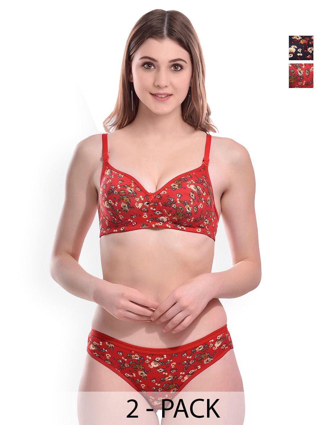 arousy pack of 2 printed cotton lingerie set fiona set_red,blue