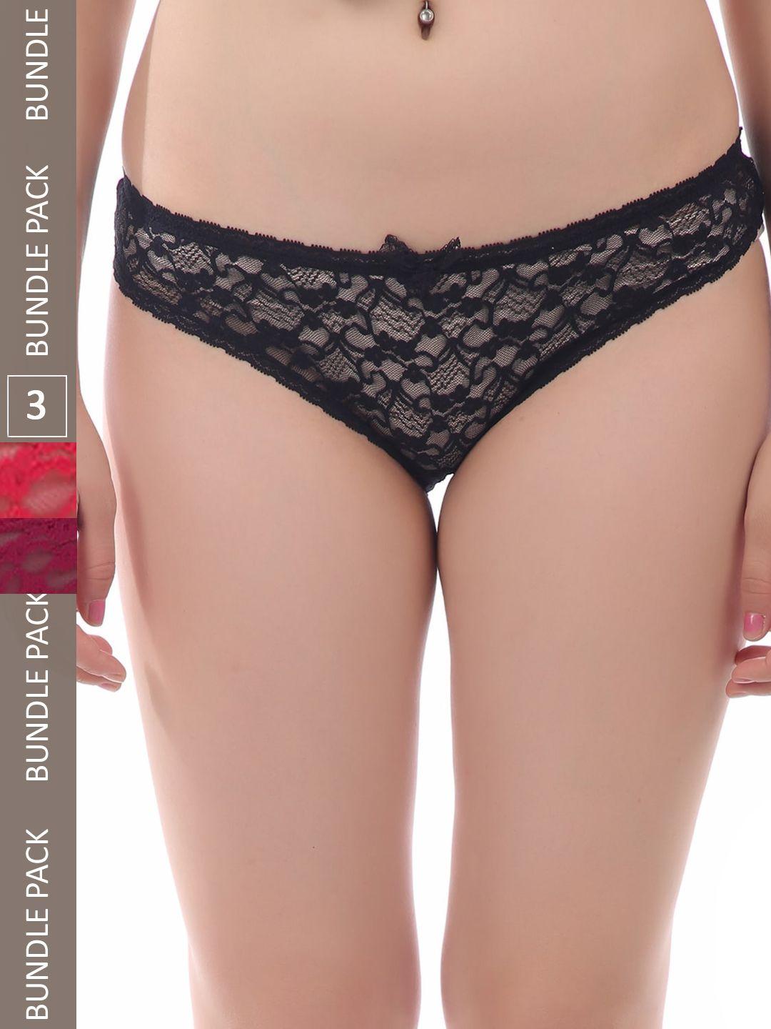 arousy women pack of 3 low-rise self-design lace hipster briefs