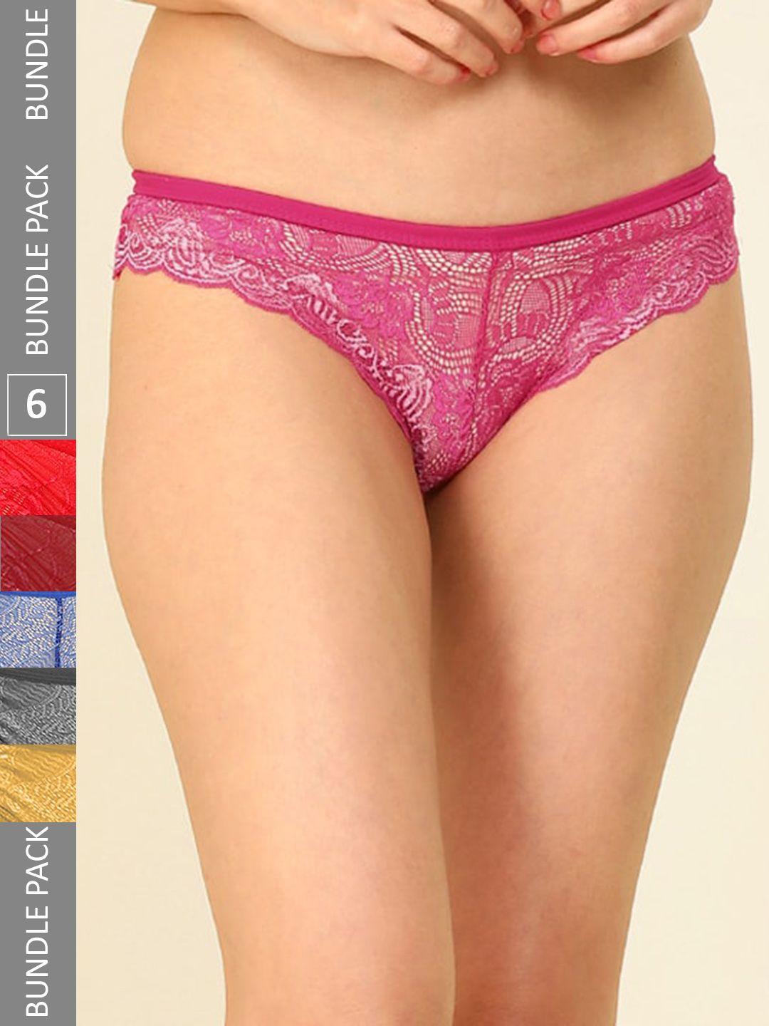 arousy women pack of 6 low-rise self design lace hipster briefs