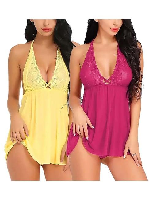 arousy yellow & purple self pattern babydolls - pack of 2