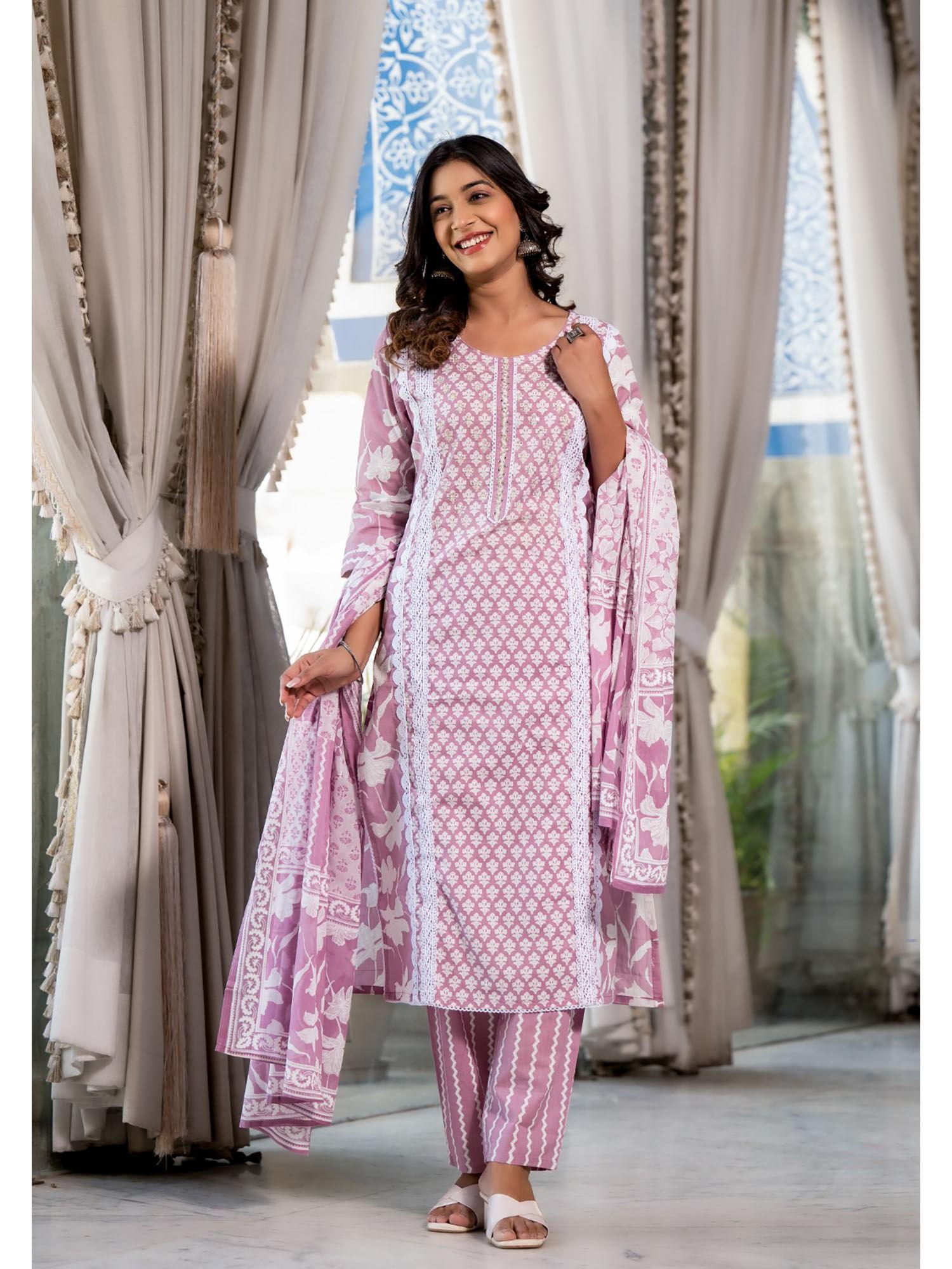 arpita lavender printed kurta with pant and dupatta (set of 3)