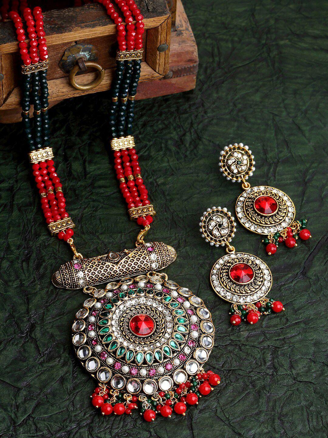 arrabi  green & red stone-studded & beaded jewellery set