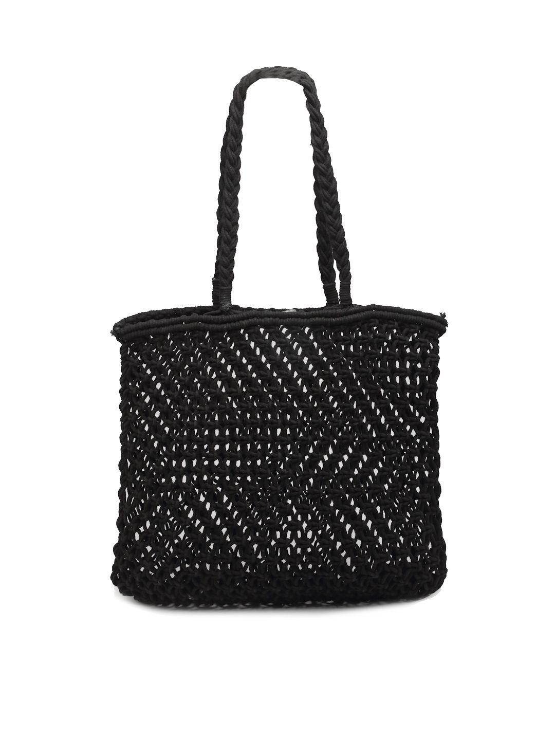 arrabi black textured oversized bucket tote bag with tasselled