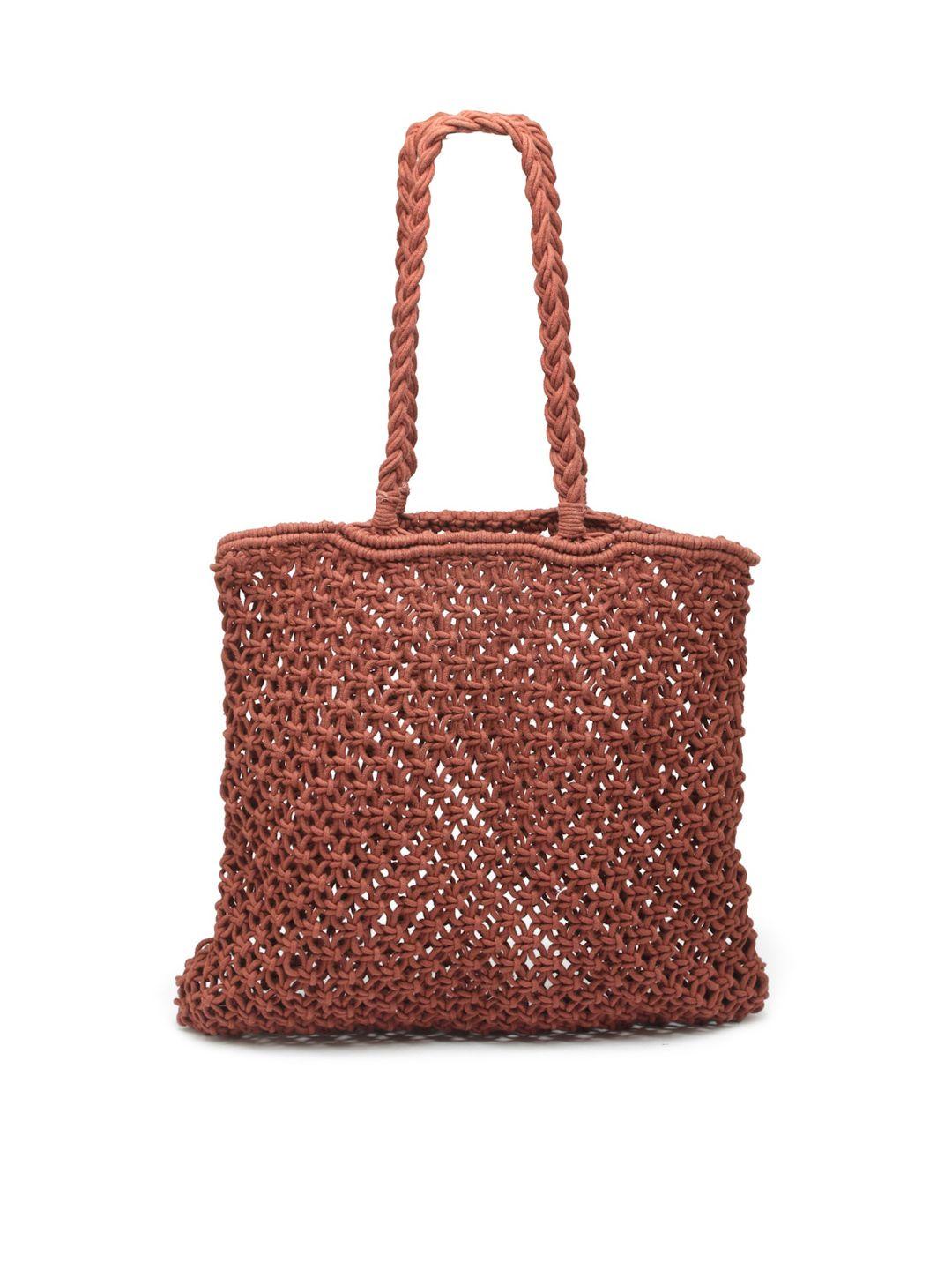 arrabi brown textured oversized structured shoulder bag with cut work