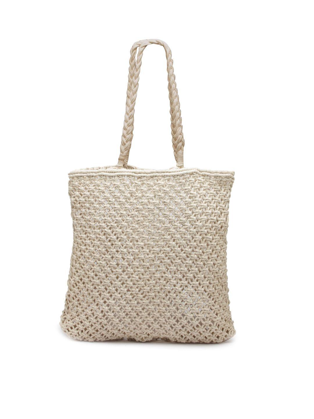 arrabi cream-coloured geometric textured oversized structured shoulder bag with cut work