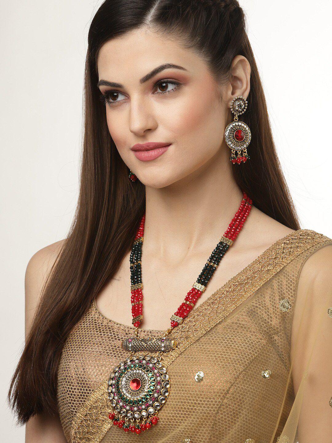 arrabi green & red beaded meenakari jewellery set