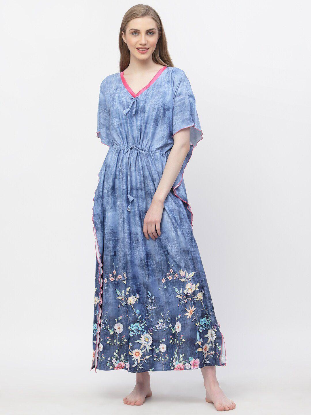 arrabi plus size v-neck floral printed satin kaftan nightdress