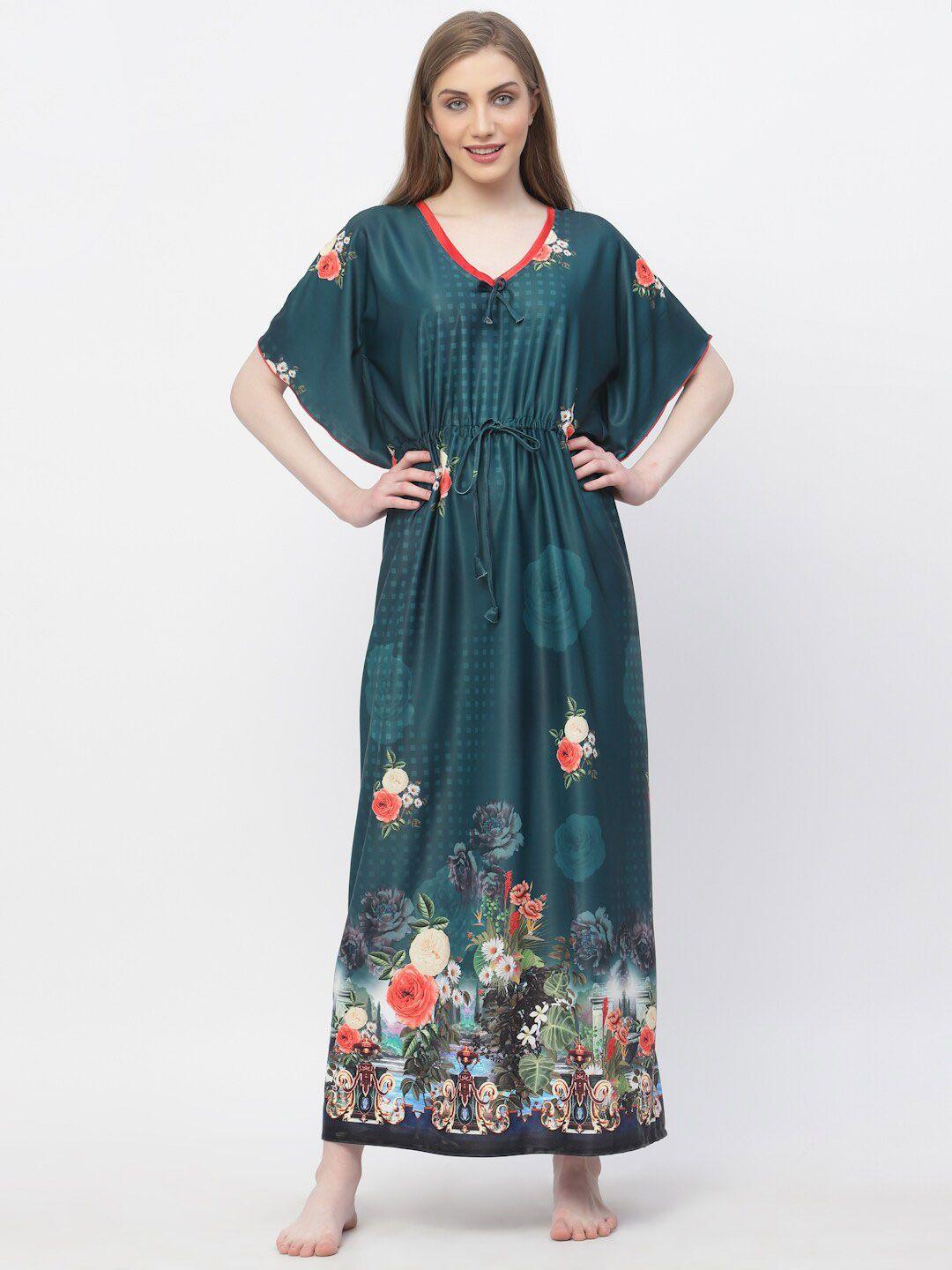 arrabi v-neck floral satin maxi kaftan dress