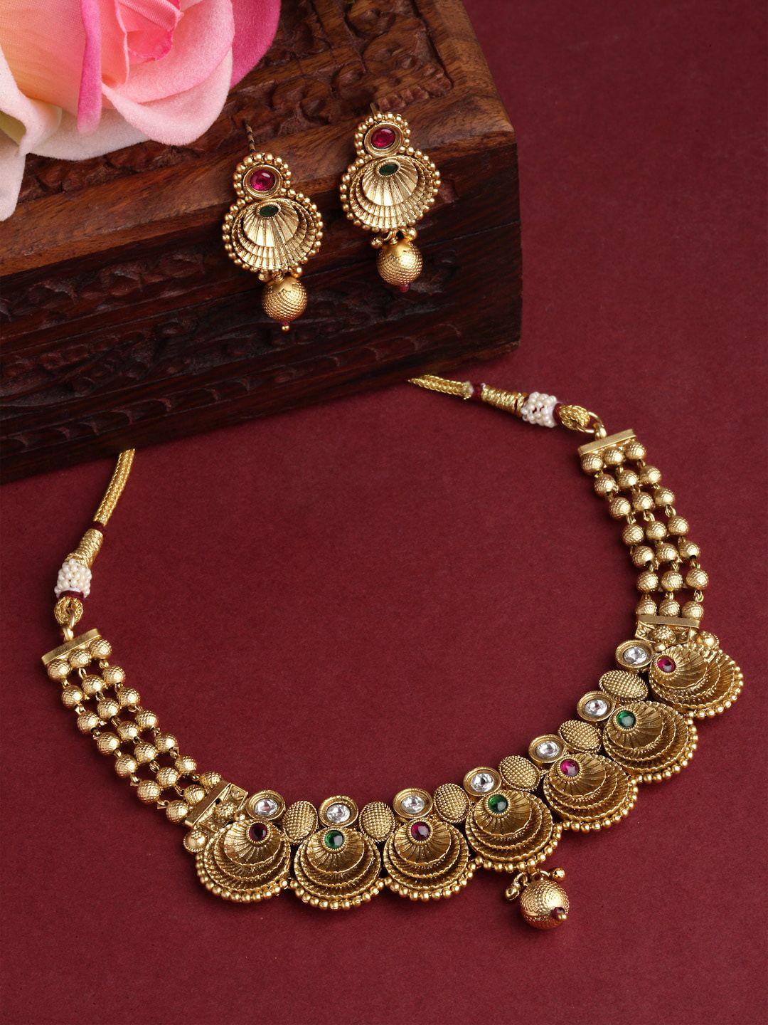 arrabi white & red stone studded & beaded gold-plated jewellery set