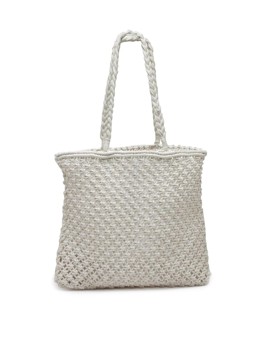 arrabi white geometric textured oversized structured shoulder bag with tasselled