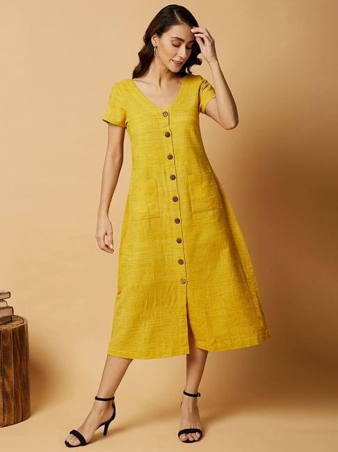 arras mustard yellow open front midi dress