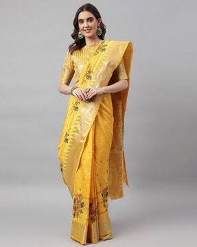 arriva fab women's assam cotton silk with golden border woven embroidered work saree with blouse piece traditional saree
