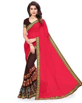 arriva fab women's georgette half and half embroidred work brown and pink color saree with blouse half-and-half saree