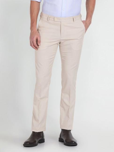 arrow beige slim fit texture trousers