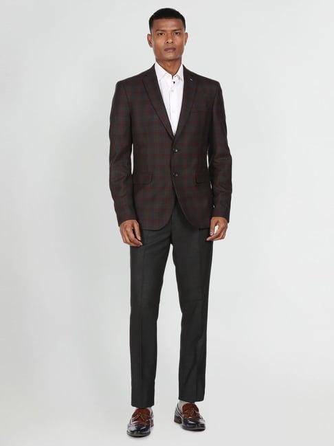 arrow charcoal & maroon regular fit checks two piece suit