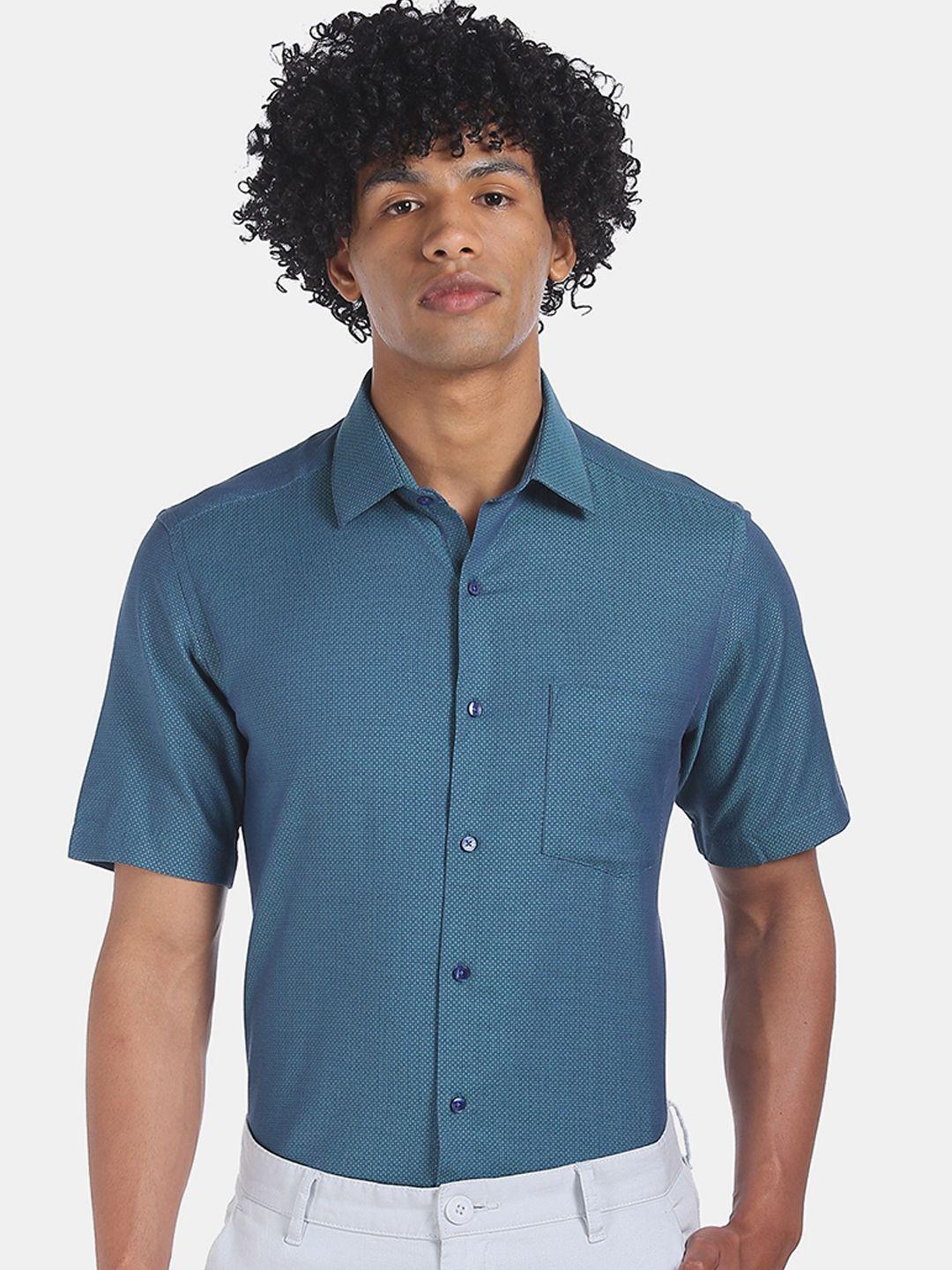 arrow men blue regular fit self design formal shirt