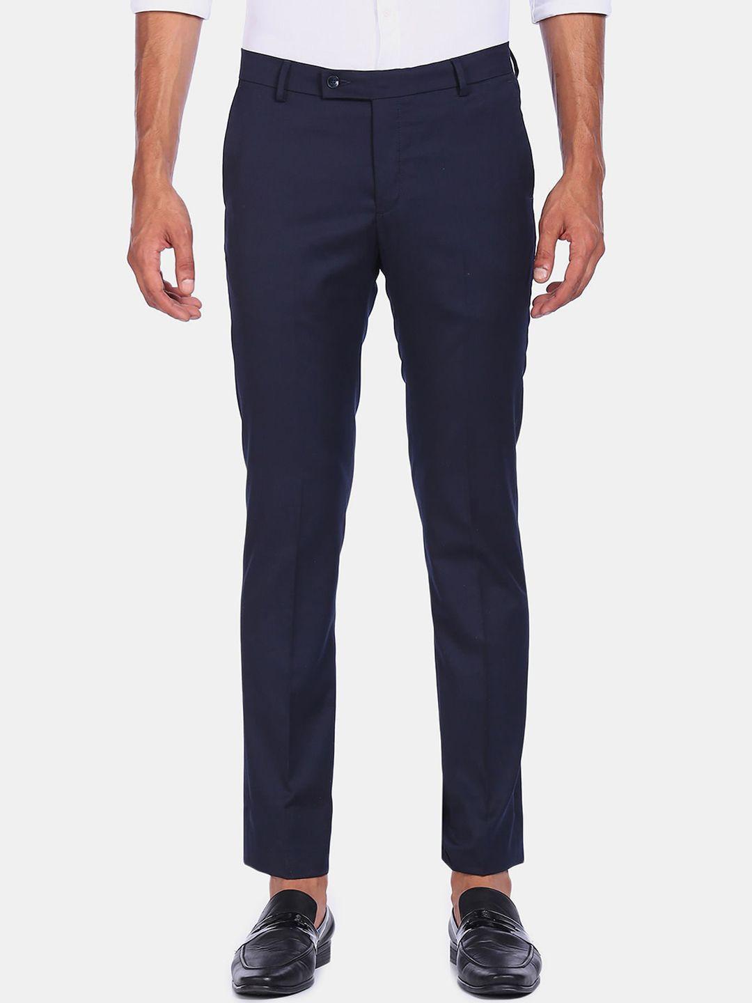 arrow men blue solid regular fit formal trousers