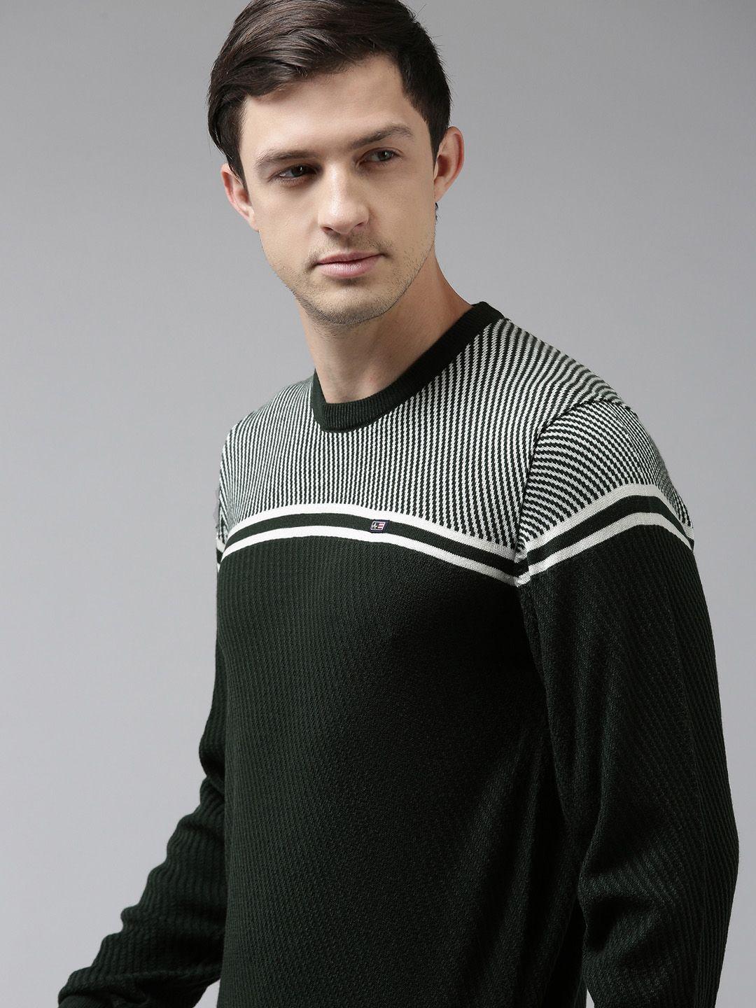arrow men green & white colourblocked engineered pullover sweater