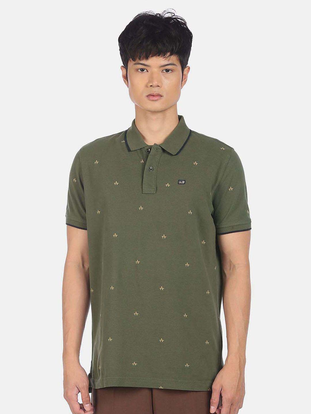 arrow men green printed polo collar cotton t-shirt