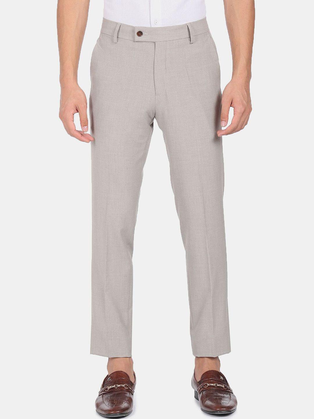 arrow men grey solid regular fit formal trousers