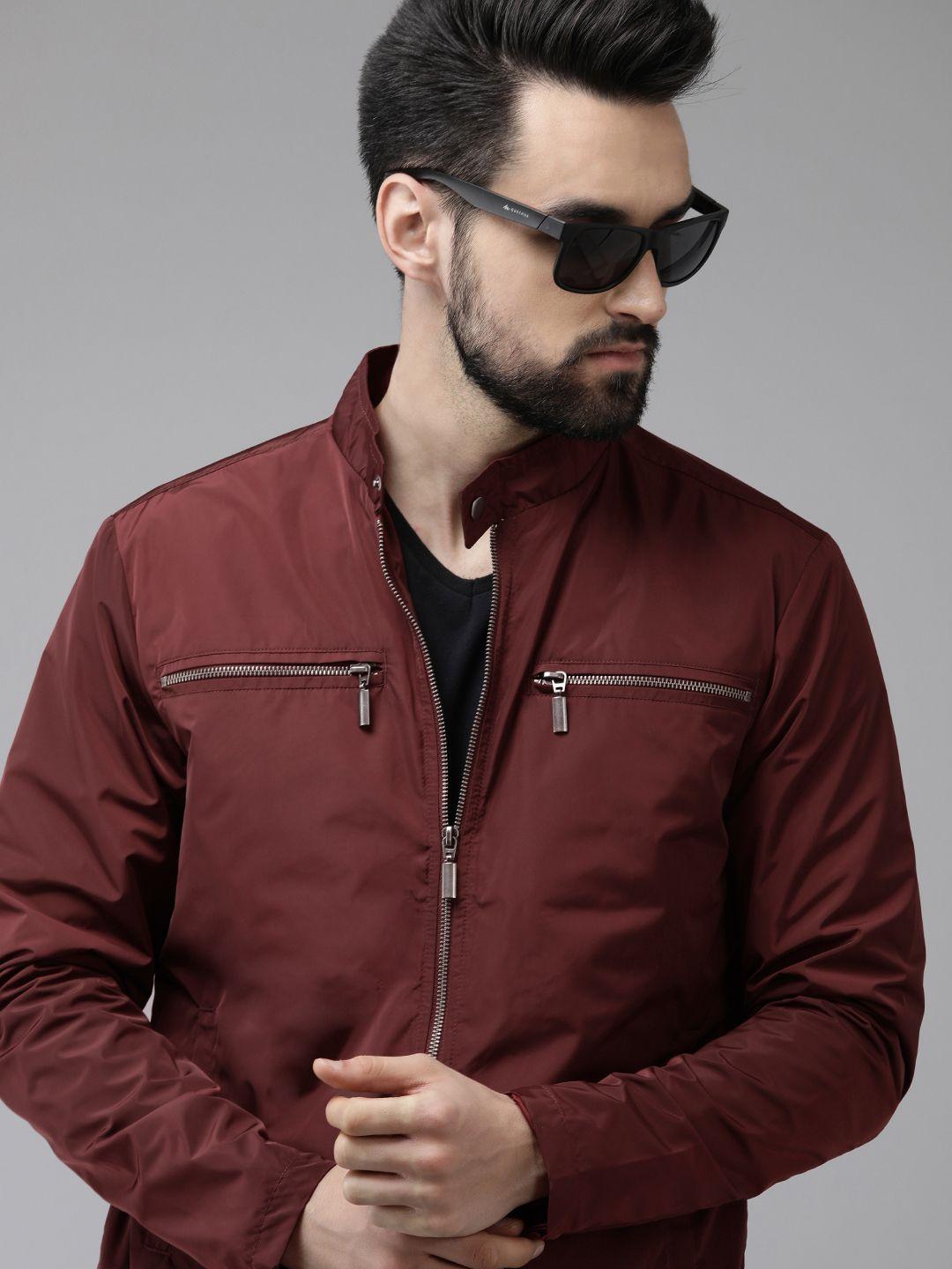 arrow men maroon solid biker jacket with zip detail