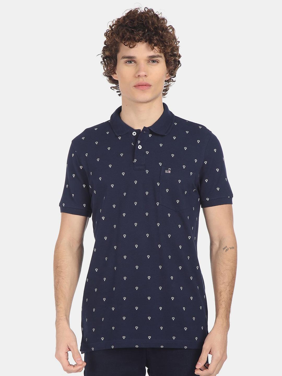 arrow men navy blue & white printed polo collar pure cotton t-shirt