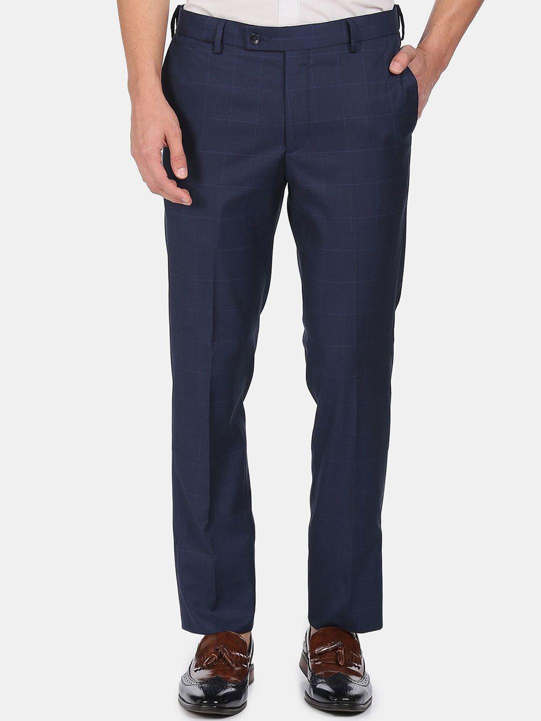 arrow men navy blue checked trousers