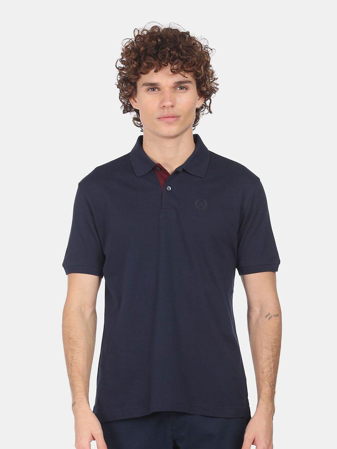 arrow men navy blue pure cotton polo collar t-shirt