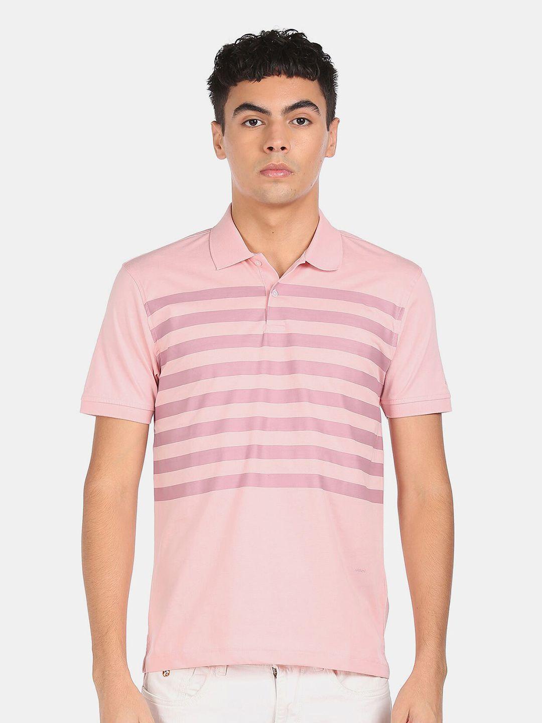 arrow new york men pink striped polo collar pure cotton t-shirt