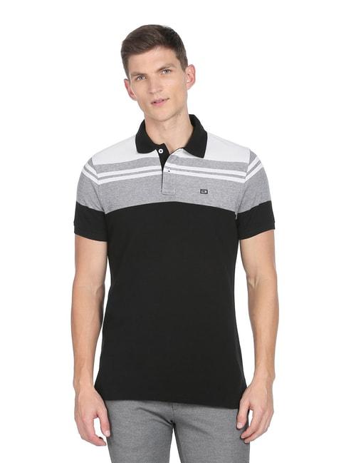 arrow sport black cotton regular fit striped polo t-shirt