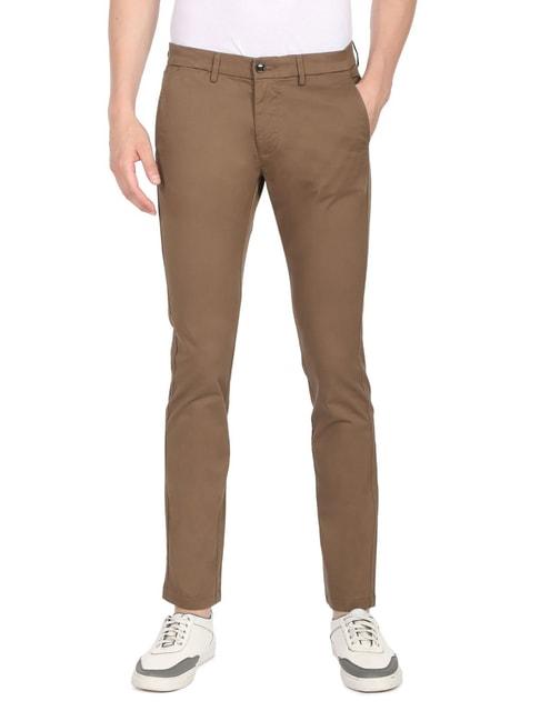 arrow sport brown cotton slim fit trousers