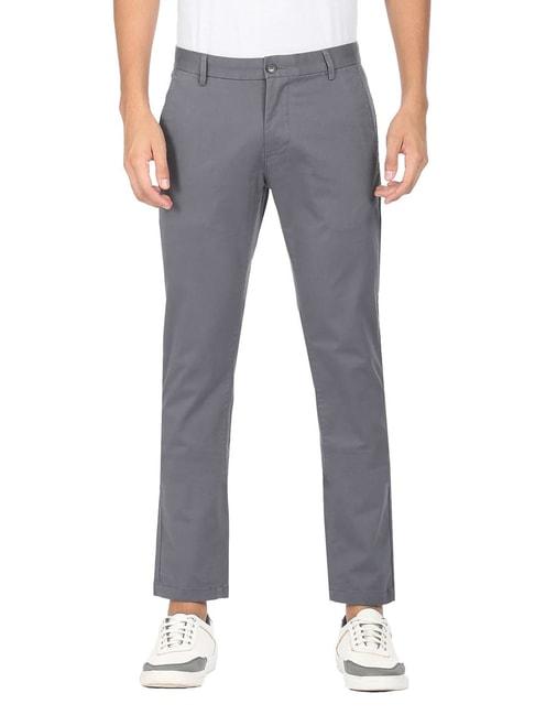 arrow sport grey cotton regular fit trousers