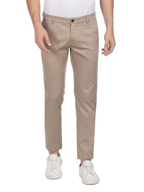 arrow sport khaki cotton slim fit printed trousers